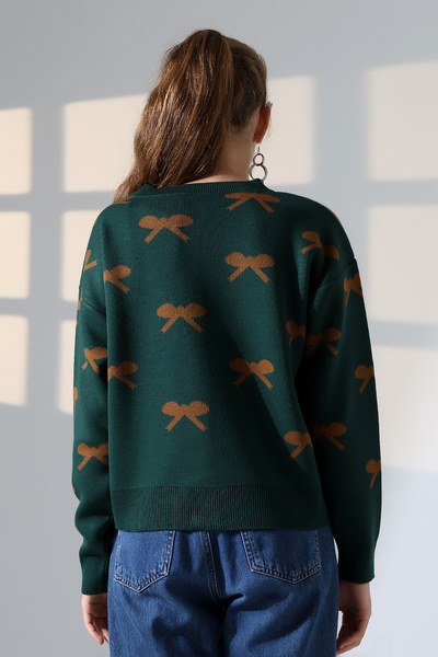 ALCHON Round Neck Long Sleeve Jacquard Panel Bow Tie Bow Pattern 5 Buttons Winter Knitwear Cardigan