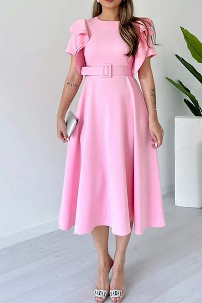 MILANOFOX Atlas Crepe A-Line Midi Length Dress with Shoulder Ruffle Detail and Belt