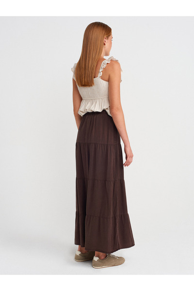 Dilvin 80588 Elastic Waist Gathered Denim Skirt-Brown