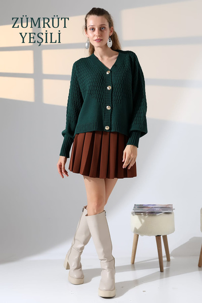 ALCHON V-Neck Long Sleeve Textured Patterned 4 Button Stylish Knitwear Cardigan