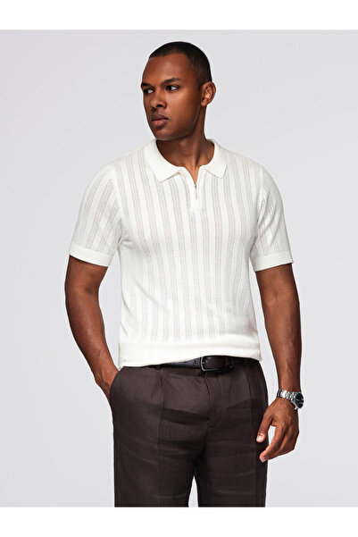 OMBRE Durchbrochenes Herren-Poloshirt mit Reißverschluss am Ausschnitt - weiß...