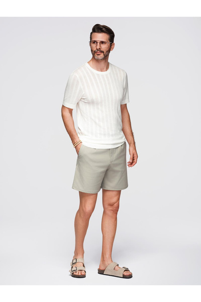 OMBRE Durchbrochener Herrenpullover mit Rundhalsausschnitt und kurzen Ärmeln - weiß V1 OM-TSCT-0251