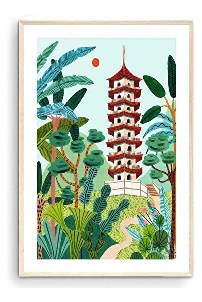 Emoda home Trove طباعة سفر من سنغافورة، حديقة صينية، معبد، فن جداري من سنغافورة، رسم نباتي، ديكور منزلي