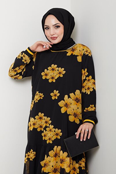 Hb Harma Time Butik Women's Lined Yellow Chiffon Floral Patterned Dress