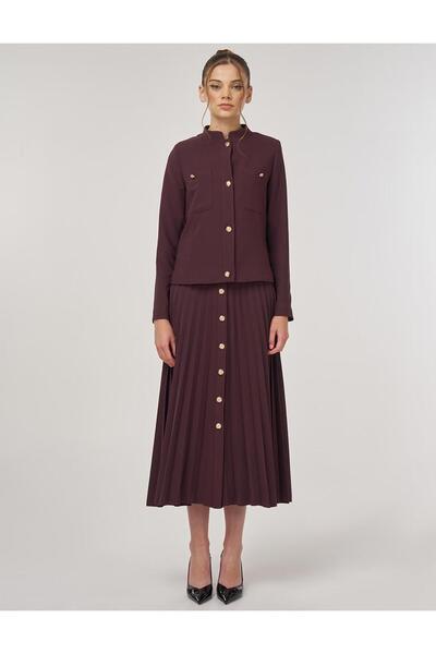 Kayra Gold Buttoned Skirt Suit Dark Burgundy