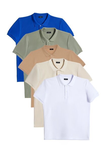 Tudors Men's 5-Pack White-Blue-Stone-Mink-Khaki Slim Fit Cotton Plain Pique Polo Neck T-Shirt