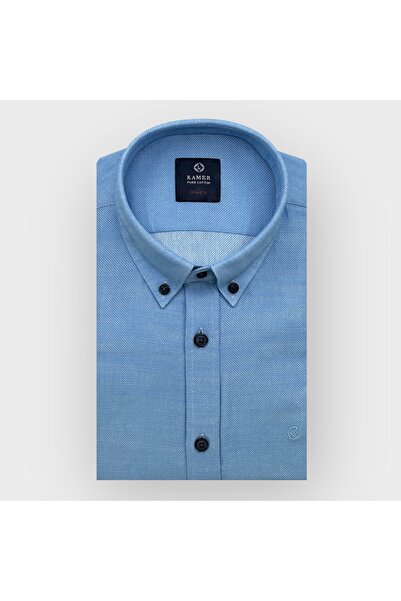 KAMER Men's Slim Fit Long Sleeve Button Collar Without Pocket Blue Shirt 2401m