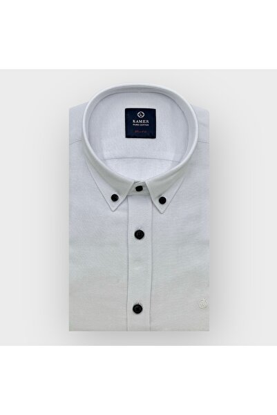 KAMER Men's Slim Fit Long Sleeve Button Collar Pocketless White Shirt 2401B