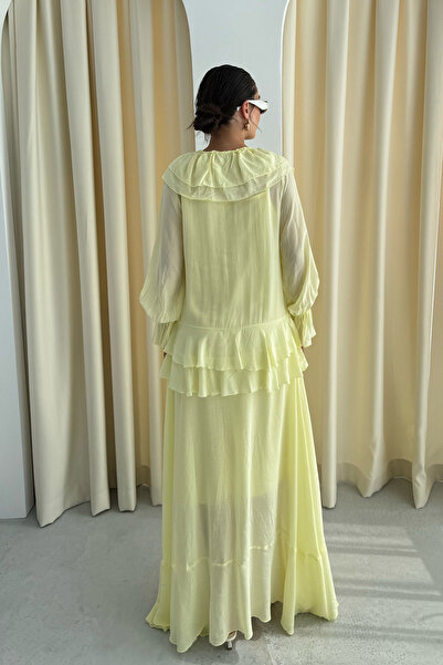 Seda Yalçın Atelier Sarı Balon Kol Göğüs Fırfırlı Elbise