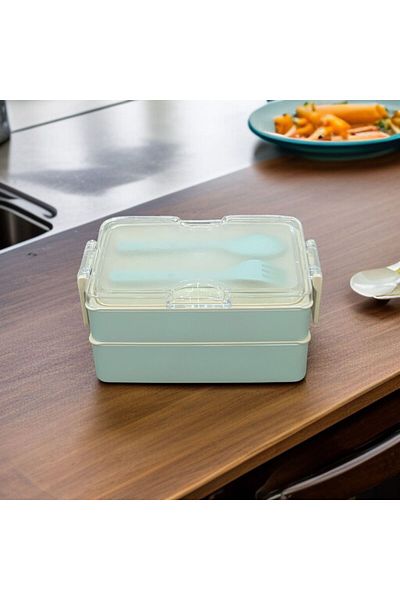 SANALTİCARETİM Rectangular Two-Layer Lunch Box Light Green Color Lunch Box Storage Box