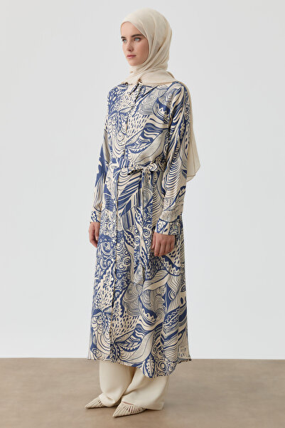 Tuğba Kemerli Desenli Uzun Tunik - İndigo