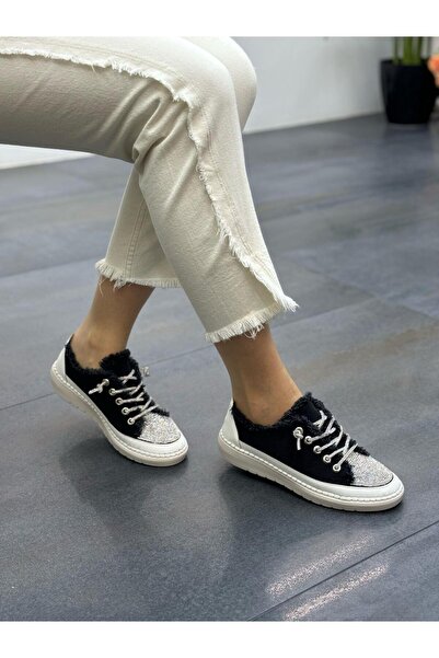 DİVA Siyah Taşlı Kot Kumaş Kadın Günlük Ayakkabı
