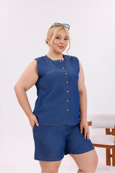 Siyezen Plus Size Buttoned Shorts Jean Suit