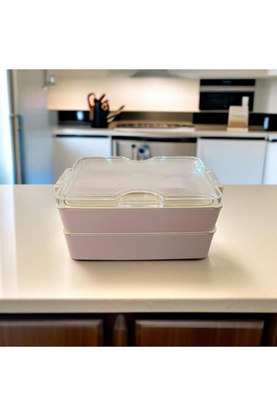 SANALTİCARETİM Rectangular Two-Layer Lunch Box Pink Color Lunch Box Storage Box