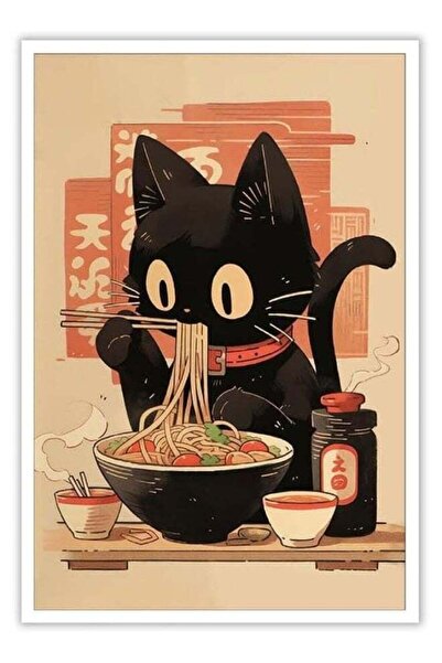 Emoda home Trove ملصقات جدارية من القماش لقطط يابانية سوداء عتيقة تأكل المعكرونة من طوكيو أوكيو، لوحات فنية جدارية من القماش لقطط لطيفة