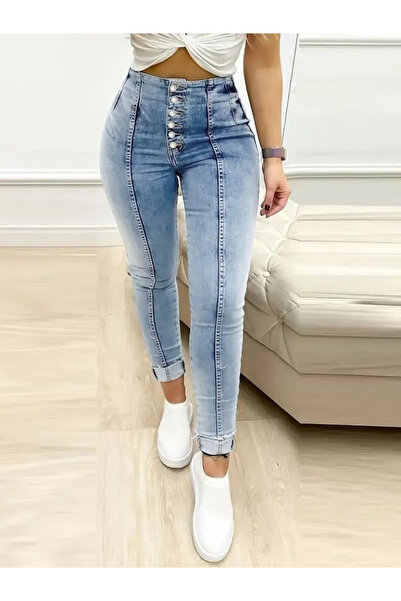 Kokosh moda Dámské džínové kalhoty s vysokým pasem a knoflíky vpředu