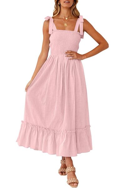 ZESICA Women's 2025 Summer Boho Spaghetti Strap Square Neck Solid Color Ruffle A Line Beach Long Maxi Dress