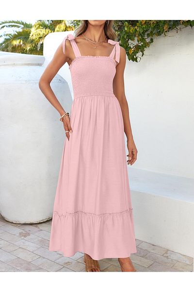 ZESICA Women's 2025 Summer Boho Spaghetti Strap Square Neck Solid Color Ruffle A Line Beach Long Maxi Dress
