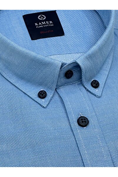 KAMER Men's Slim Fit Long Sleeve Button Collar Without Pocket Blue Shirt 2401m