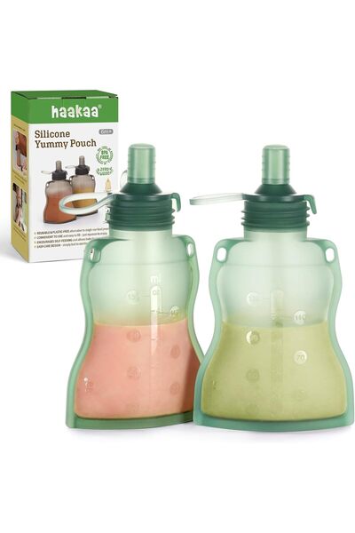 Haakaa Yummy Pouch Reusable Baby Food Storage 4 oz, 2 Pack (Pea Green)