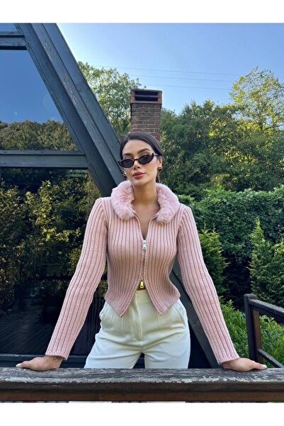 İKRAFASHİON Yakası Kürklü Triko Hırka