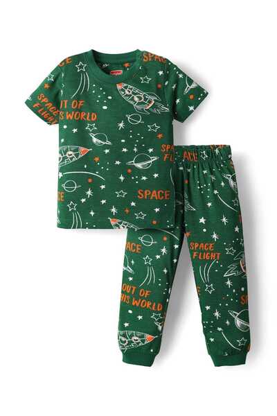 Babyhug Cotton Knit Half Sleeves Co-Ords Night Suit With Space Theme Print - Dark Green