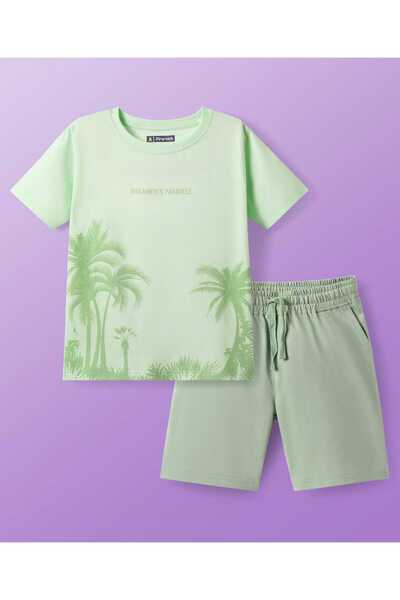 Pine kids Single Jersey Knit Half Sleeves Shorts Pyjama Set with Tropical Theme Print - Light Green