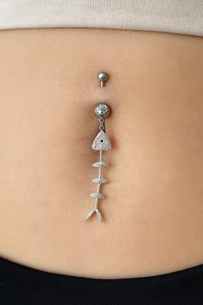 TAKIŞTIR Gümüş Renk Balıık Kılçığı Figürlü Cerrahi Çelik Göbek Piercing