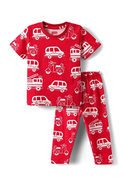 Babyhug بدلة نوم من القطن المحبوك بأكمام نصفية وطبعة سيارة - أحمر