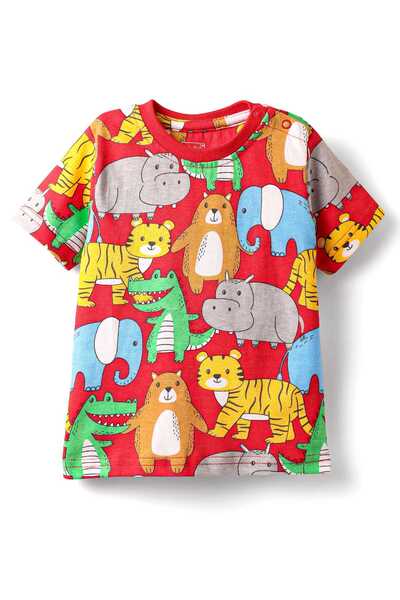 Babyhug Cotton Knit Half Sleeves Co-ords Night Suit With Animal Print - Red