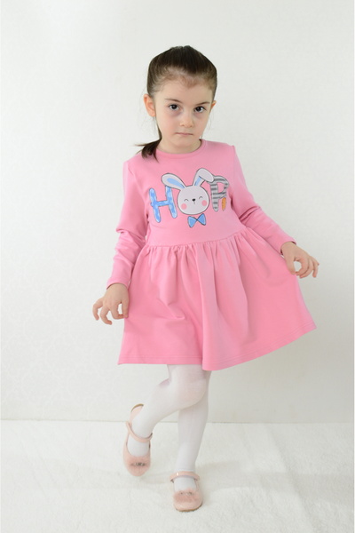 Sevimli Girls' Dress Rabbit Printed Printed Long Sleeve