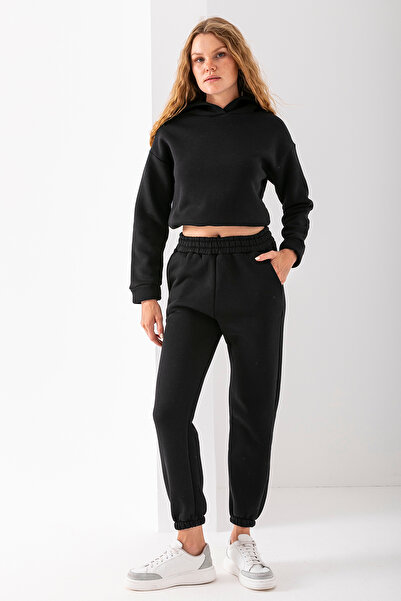 GİYSA Γυναικείο σετ αθλητικής φόρμας με κουκούλα με 3 κλωστές μαύρο - 2605