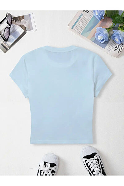 jansogroup - MAVİ ÇİÇEK BASKILI PAMUKLU KADIN CROP T-SHIRT