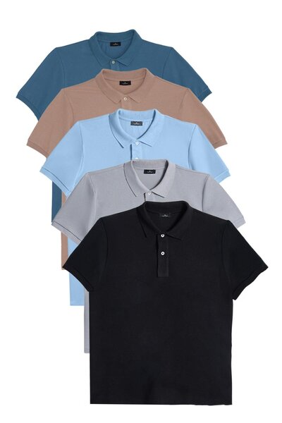 Tudors Men's 5-Pack Black-Blue-Grey-Mink-Oil Slim Fit Cotton Plain Pique Polo Neck T-Shirt