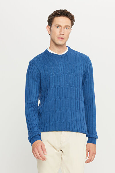 AC&Co / Altınyıldız Classics Erkek Havacı Mavi Yünlü Standart Fit Normal Kesim Bisiklet Yaka Jakarlı Triko Kazak