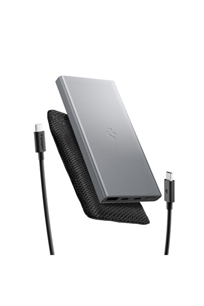 Spigen 10000 mAh Alüminyum 22.5W USB-C+USB-A Giriş/Çıkış Hızlı Şarj 3 Port Kablo+Çanta Powerbank - ABA09432