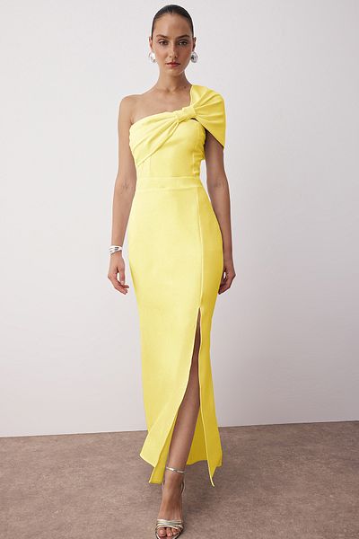 Trendyol Collection Yellow Body Fitting Asymmetrical Neckline Woven Maxi Stylish Evening Prom Dress Homecoming Dress Tprss25Ae00195