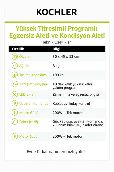kochler Yüksek Titreşimli Programlı Egzersiz Aleti ve Kondisyon Aleti