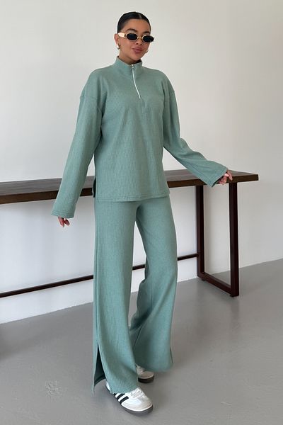 MODAGEN Women's Mint Green Half Zipper Stand Collar Sweatshirt with Bottom-Top Pants Suit