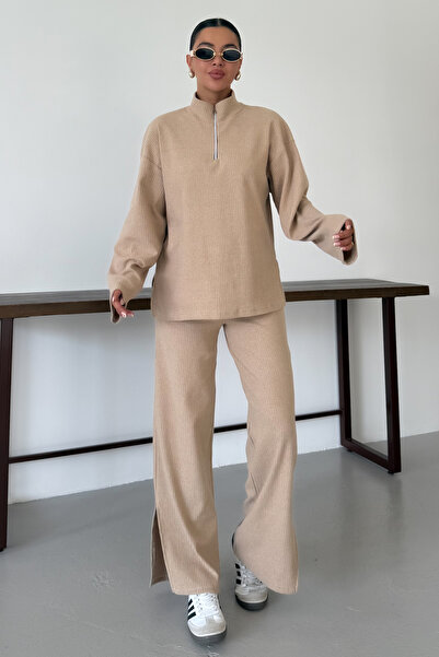 MODAGEN Kadın Bej Yarım Fermuarlı Dik Yaka Kazak Alt-Üst Pantolonlu Takım