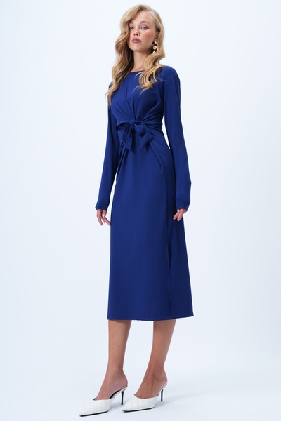 Trend Alaçatı Stili Women's Navy Blue Crew Neck Lacing Detailed Double Slit Sandy Dress Alc-X14370