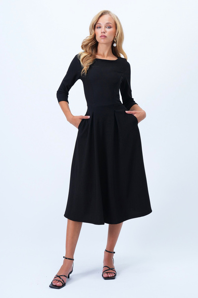 Trend Alaçatı Stili Women's Black Boat Neck Three Quarter Sleeve Pleat Detailed Double Pocket Midi Length Flared Dress Alc-X14359