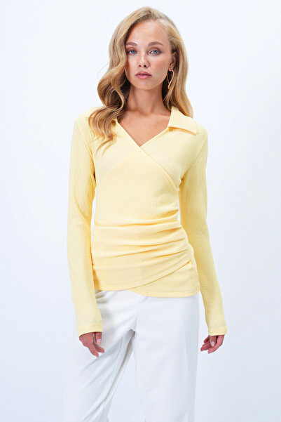 Trend Alaçatı Stili Women's Yellow Shirt Collar Double Breasted Cutout Drape Detail Ottoban Blouse Alc-X14344