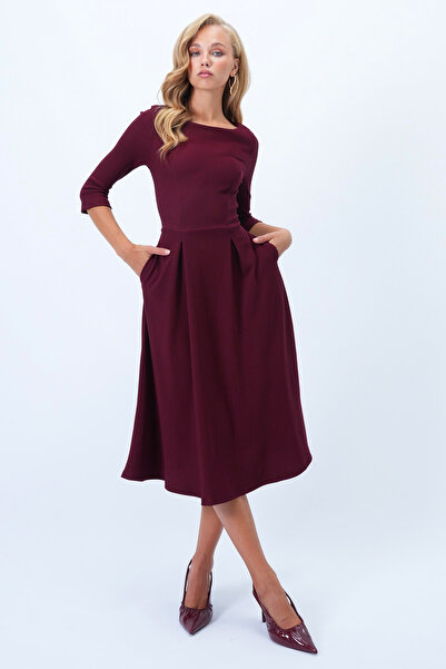 Trend Alaçatı Stili Kadın Bordo Kayık Yaka Truvakar Kol Pile Detaylı Çift Cepli Midi Boy Kloş Elbise Alc-X14359