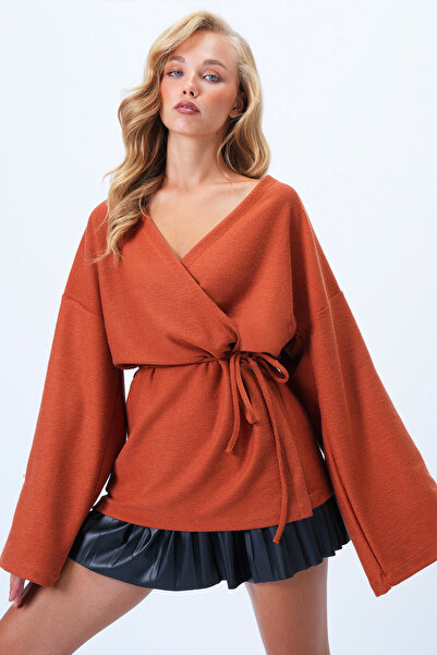 Trend Alaçatı Stili Zweireihige Damen-Strickjacke mit V-Ausschnitt und Schnürdetail Alc-X14410