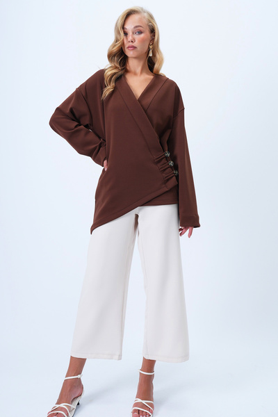 Trend Alaçatı Stili Women's Bitter Brown Double Breasted Collar Asymmetric Cut Button Detailed Kimono Jacket Alc-X14411