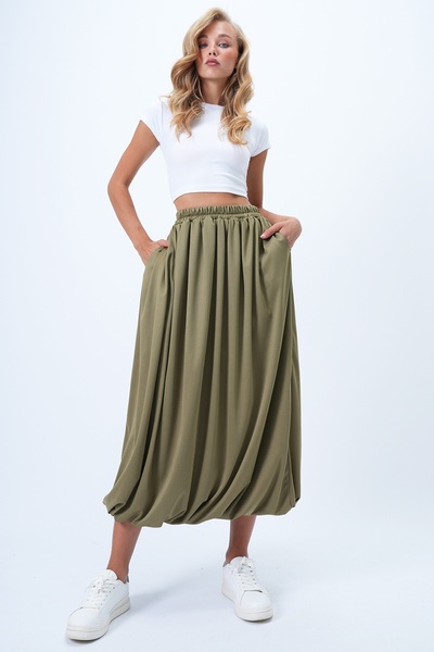 Trend Alaçatı Stili Women's Khaki Double Pocket Lined Maxi Size Bubble Skirt Alc-X14348