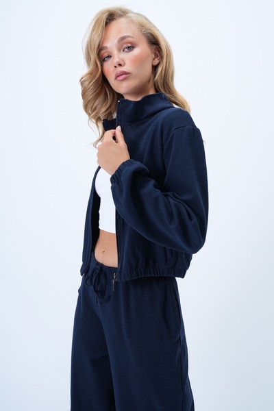 Trend Alaçatı Stili Women's Navy Blue Stand Collar Knitted Zippered Sweat Jacket and Pants Set Alc-X14384