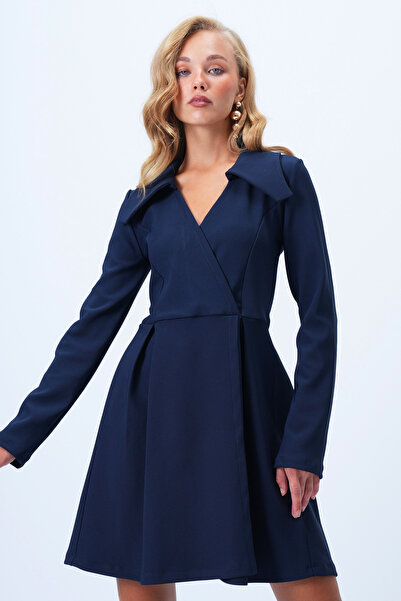 Trend Alaçatı Stili Kadın Lacivert Kruvaze Kesim Pile Detaylı Yırtmaçlı Mini Elbise Alc-X14427