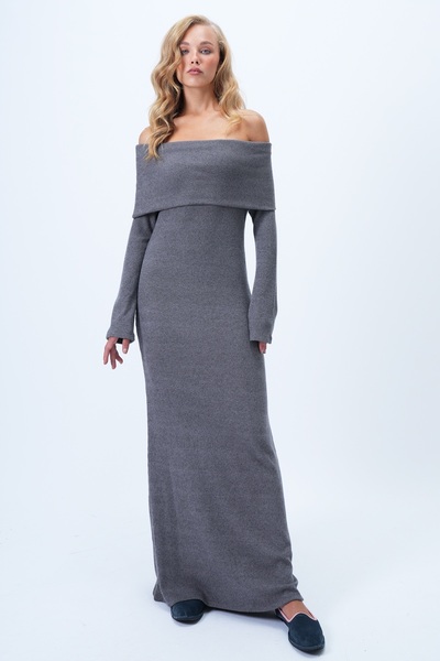 Trend Alaçatı Stili Women's Anthracite Madonnayaka Soft Textured Long Dress Alc-X14380